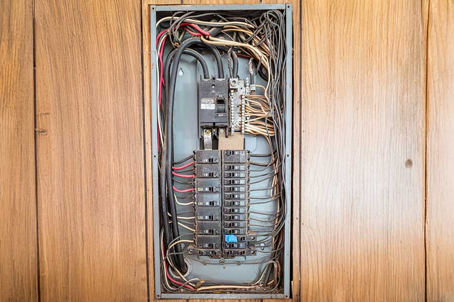 Exposed wiring during electrical panel repair