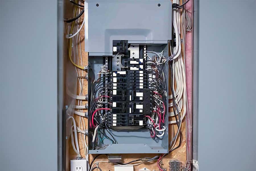 Exposed wiring during electrical panel repair and replacement